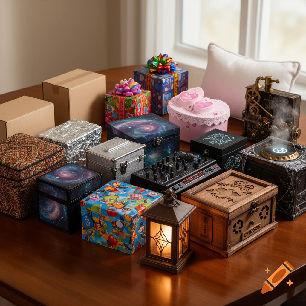 A photorealistic still life of various boxes: gift-wrapped, galaxy-print, steampunk, a DJ mixer, a lantern, and a wooden 'CHEESE' box, on a wooden table.