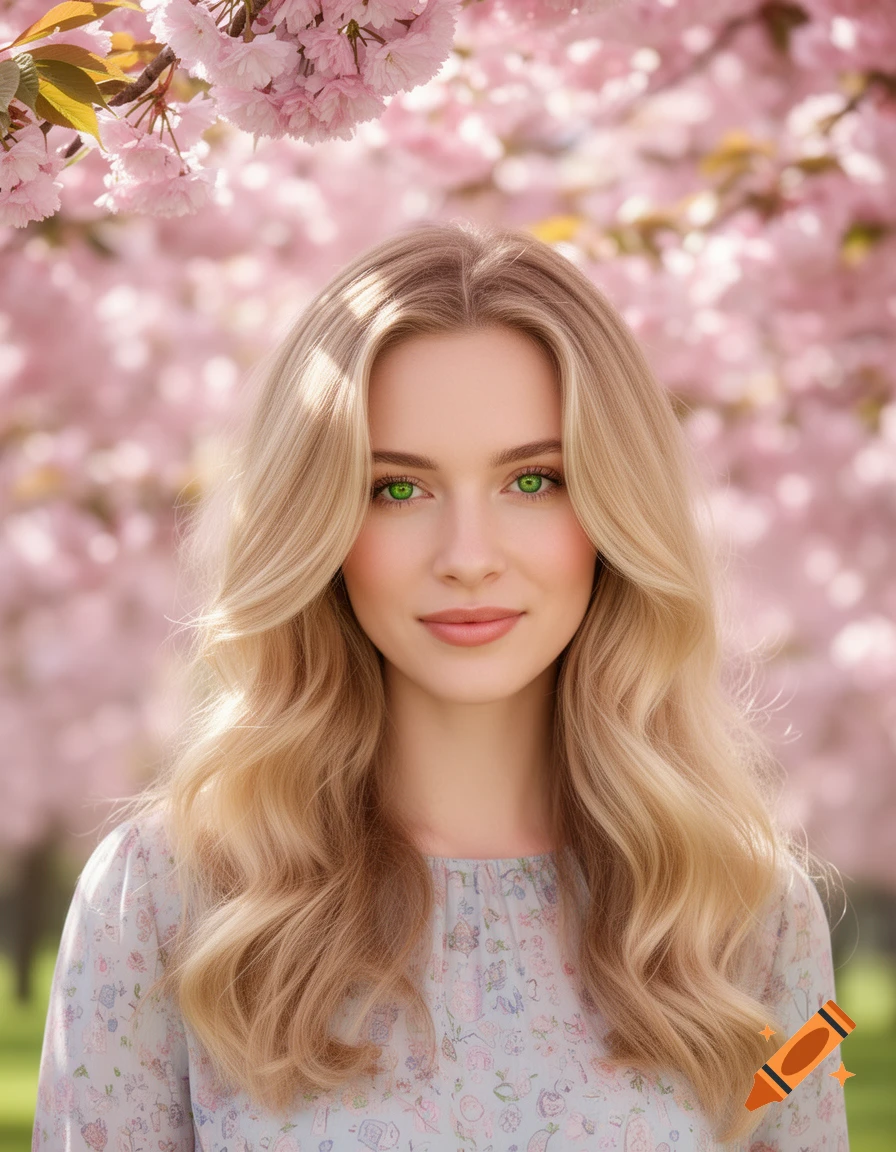 A blonde woman with vibrant green eyes smiles gently, framed by pink cherry blossoms, in a photorealistic style.