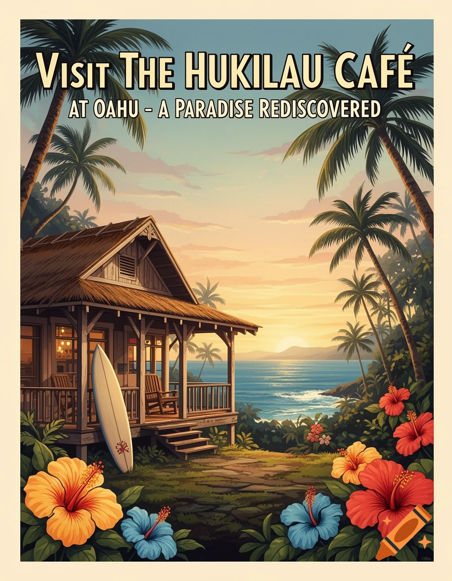 Vintage travel poster for The Hukilau Cafe in Oahu, Hawaii, featuring a beach house, palm trees, ocean sunset, and hibiscus flowers.