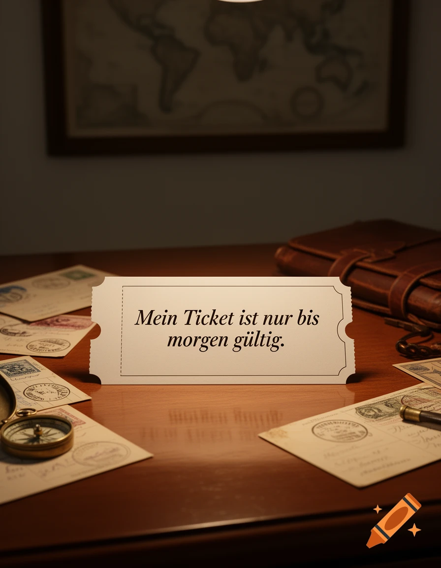 A white ticket with German text on a wooden desk, surrounded by vintage letters, a compass, and a map in the background.
