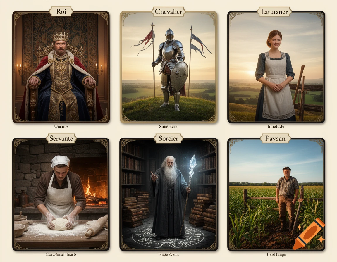 Six character cards in a medieval fantasy style: King, Knight, Peasant Woman, Baker, Wizard, and Farmer.