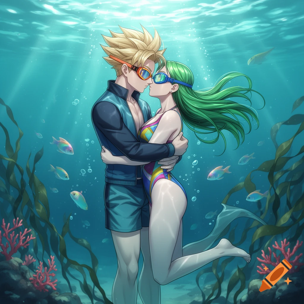 Anime couple hugging and kissing underwater, wearing swim goggles, surrounded by fish and coral.