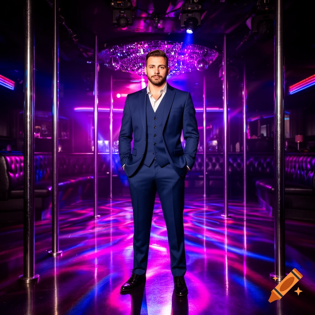 A man in a blue three-piece suit stands confidently in a neon-lit nightclub with stripper poles and a disco ball.
