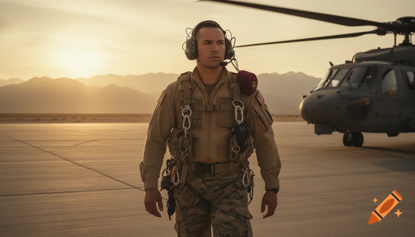 A photorealistic shot of a male special operations pararescueman in a tan flight suit and camo pants, wearing a headset, walking on an airfield at golden hour. A helicopter and mountains are in the background.