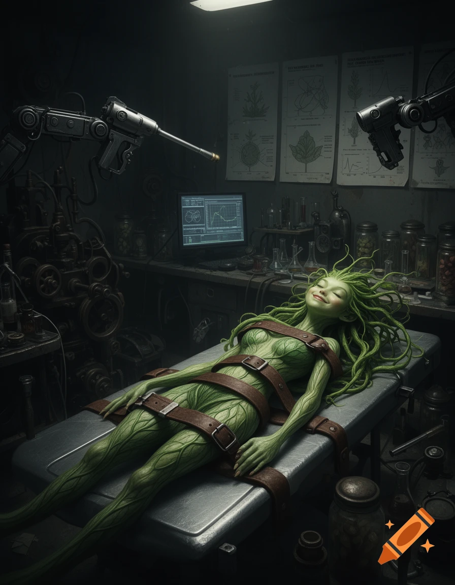 A green-skinned plant girl with leafy hair smiles serenely while strapped to a dissection table in a dark, mad science lab. Robotic arms with tools and a 'weed killer gun' are nearby, with beakers and research charts in the background.