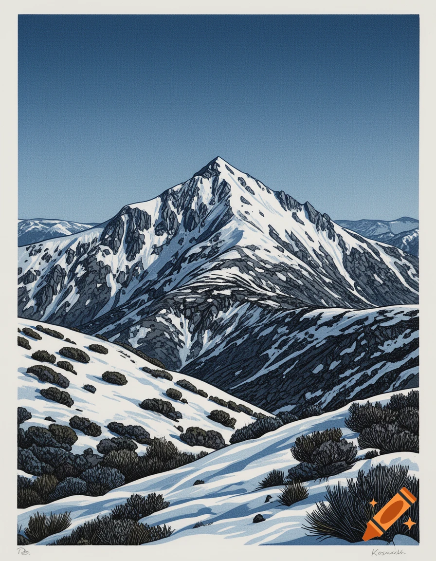 A lino print of a snowy mountain range under a clear blue sky, with sparse dark bushes on the snow-covered slopes in the foreground.