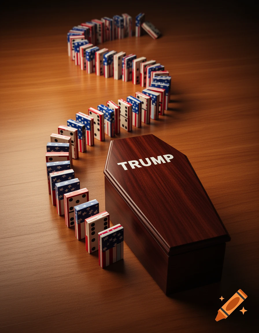 A winding line of American flag dominoes leading to a coffin with 'TRUMP' on it, on a wooden surface.