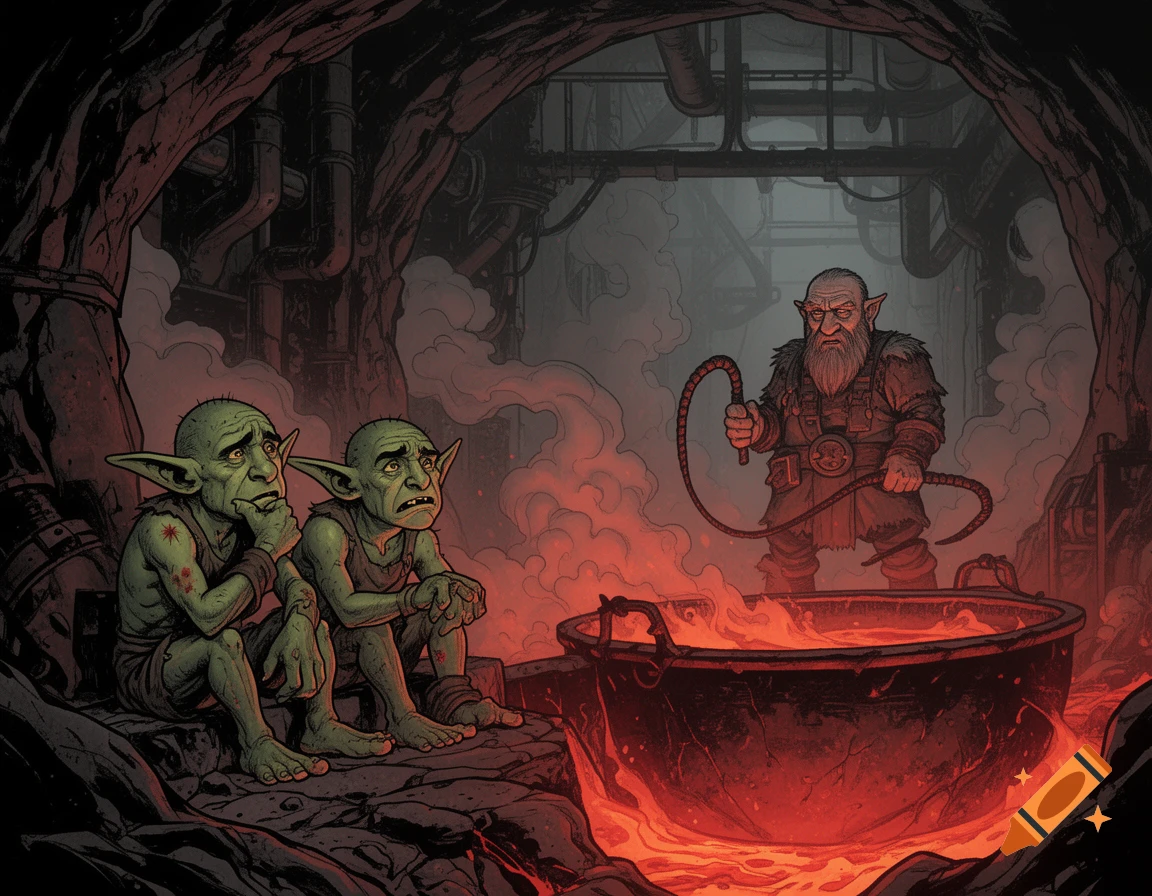 Dark fantasy comic art shows two sad green goblins by a boiling cauldron while a menacing dwarf with a whip stands in a smoky underground cavern.