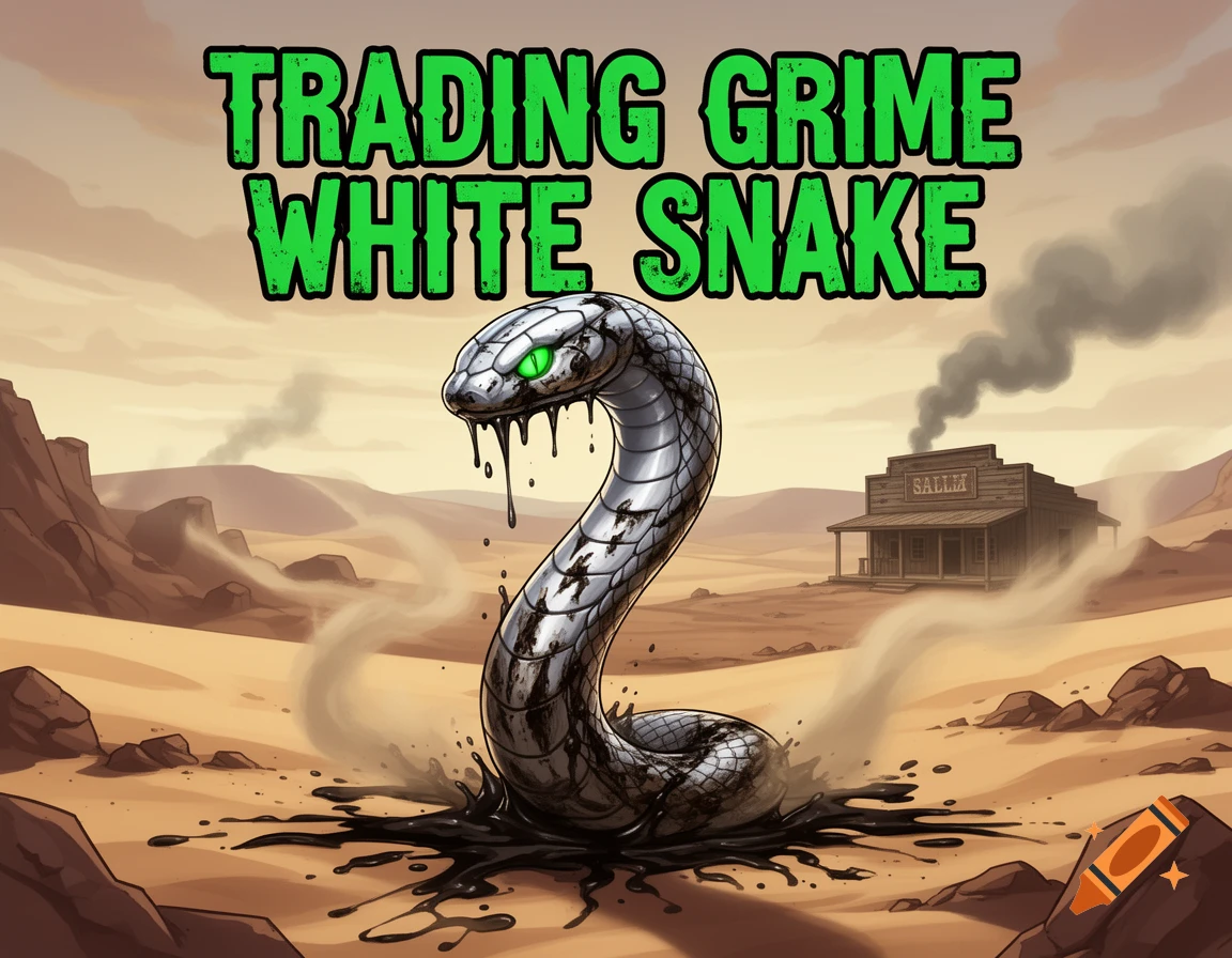 A stylized illustration of a white snake covered in black grime emerging from the sand in a Wild West desert, with a saloon and mountains in the background. Green text above reads "TRADING GRIME WHITE SNAKE".