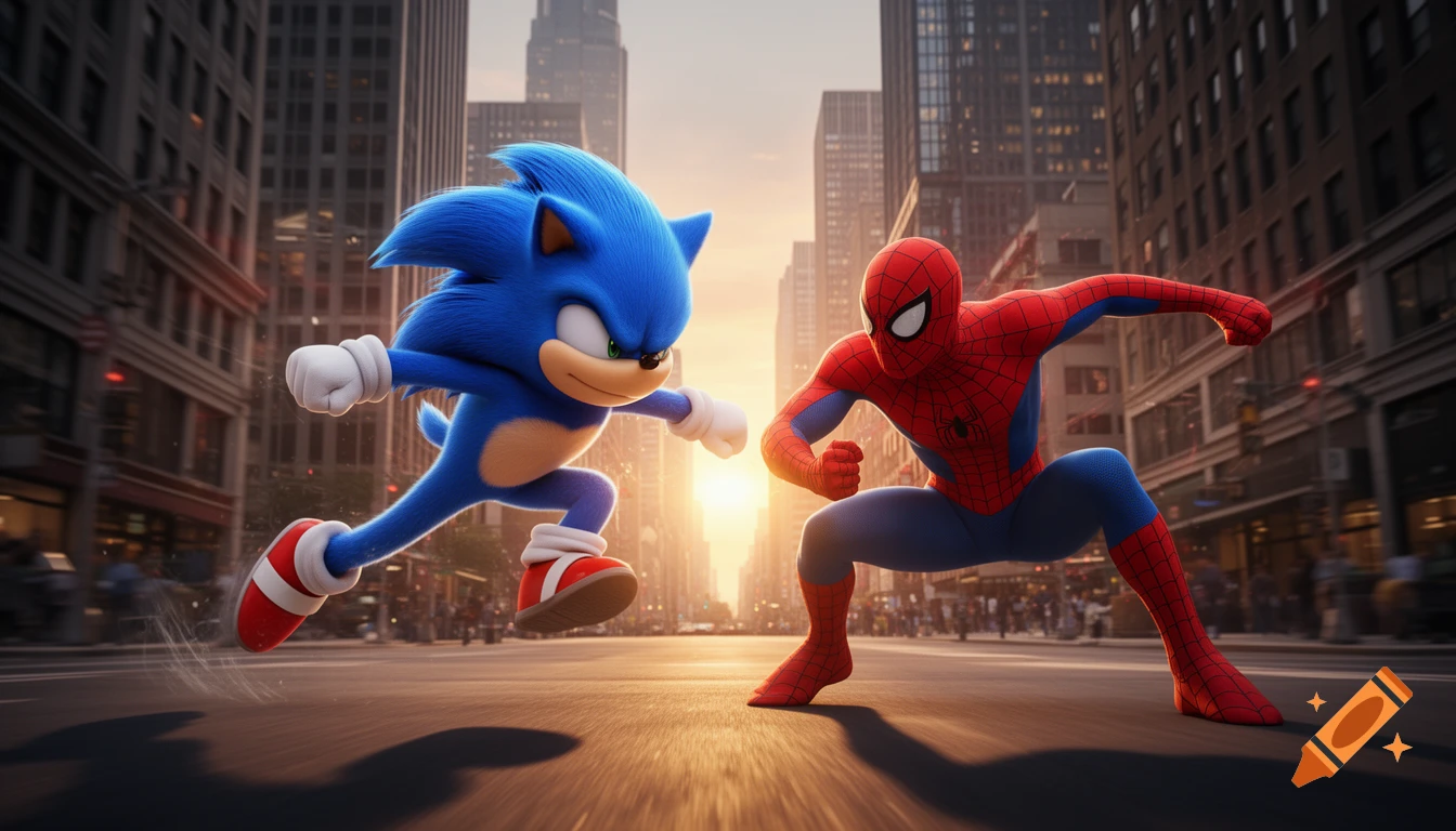 Sonic the Hedgehog lunges forward while Spider-Man crouches in a city street, ready for action, in a cinematic style.