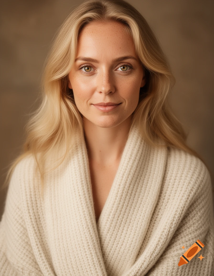 Hyper-realistic portrait of a young woman with long blonde hair and green eyes, wearing a cream knit cardigan.