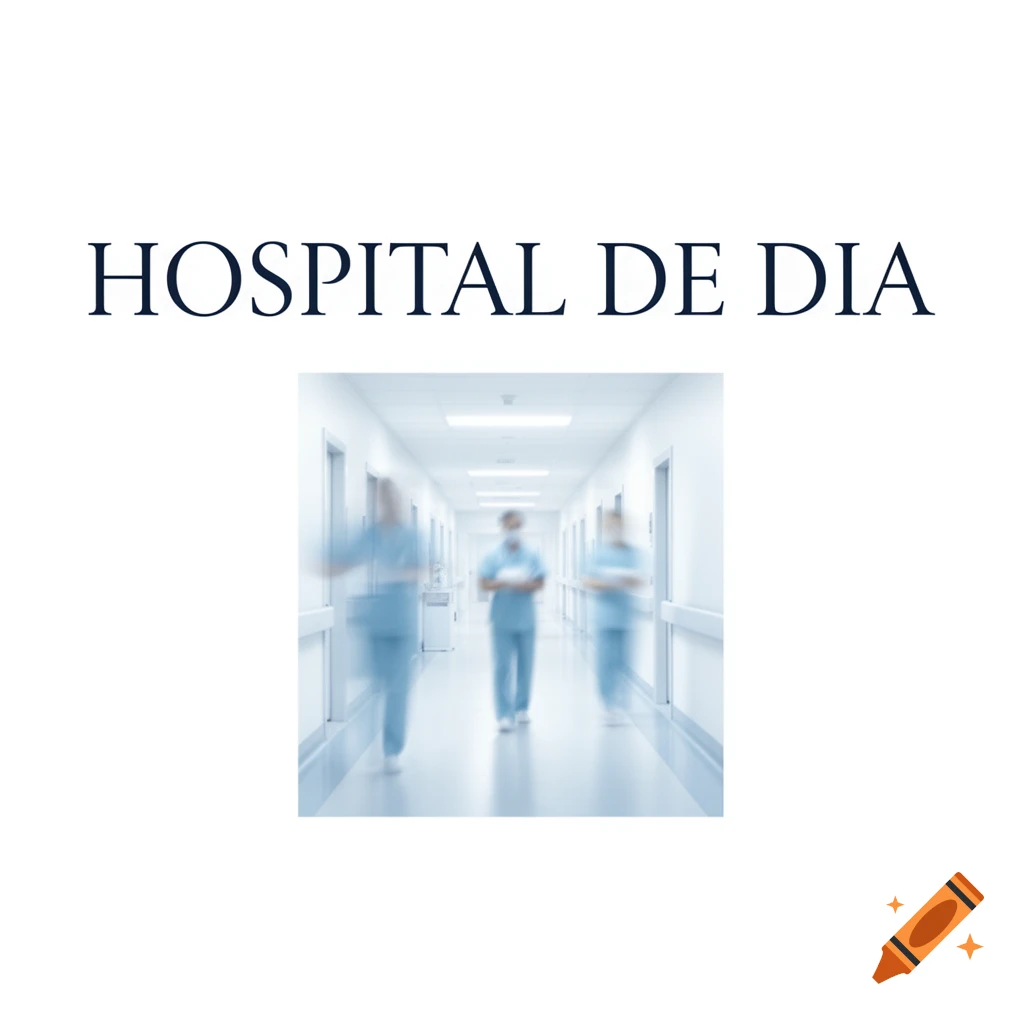 Hospital corridor with the text 'HOSPITAL DE DIA' above, showing blurred medical staff in motion. Photorealistic, white and blue tones.