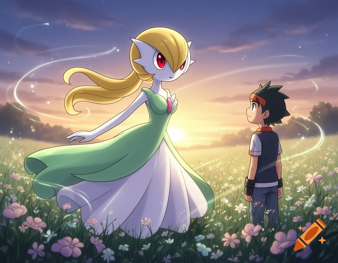 Anime illustration of a large Gardevoir and a young trainer looking at each other in a vibrant flower field at sunset.