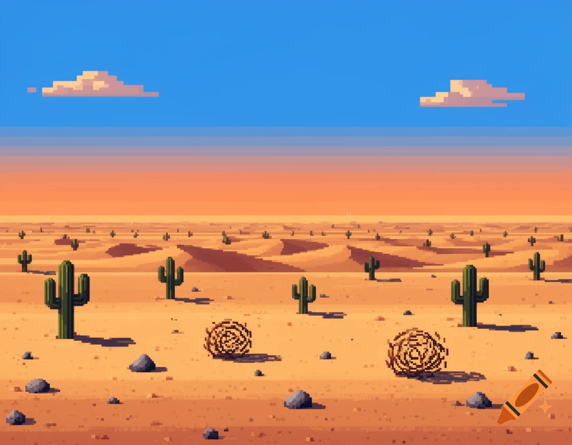 Pixel art desert landscape with cacti, sand dunes, rocks, and tumbleweeds under a clear blue sky with two clouds.