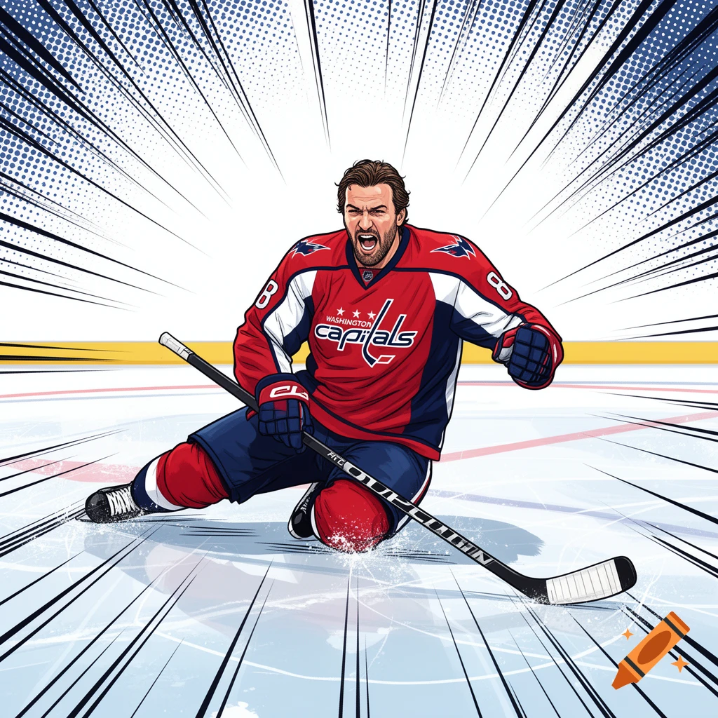 A vector comic book style image of Alexander Ovechkin sliding on his knees on ice, wearing a red Washington Capitals jersey with number 8, yelling in celebration, with dynamic action lines in the background.