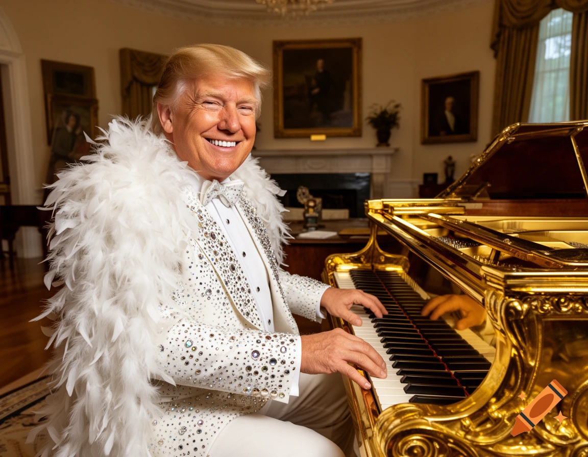 Donald Trump, dressed in a white feathered boa and bedazzled suit, smiles while playing a golden grand piano in a formal room.