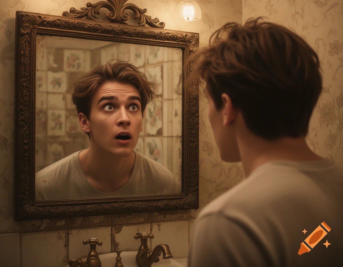 A young man with brown hair looks into a mirror in a vintage bathroom with an amazed expression.