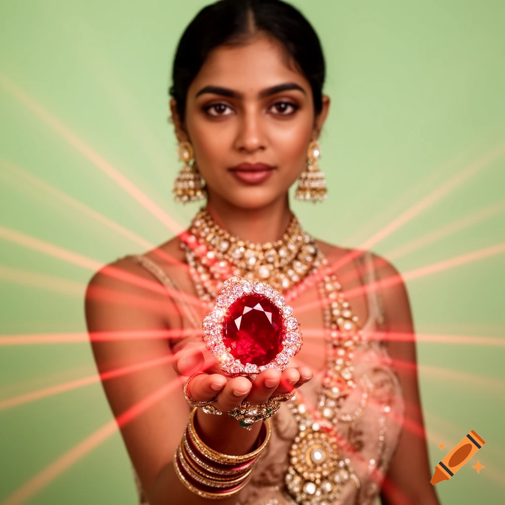 An Indian woman in traditional attire with multiple jewels, holding a glowing red ruby with light beams on a light green background.