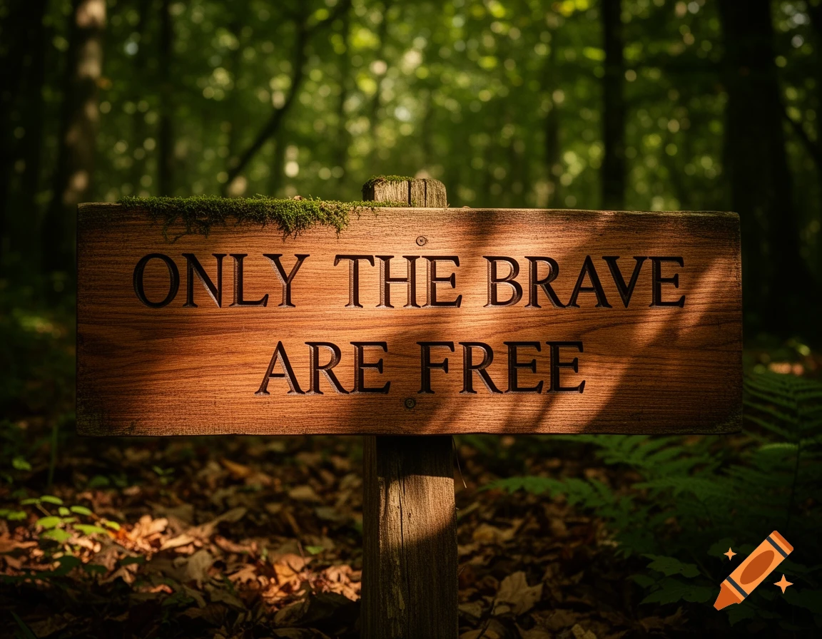 A wooden sign with 'ONLY THE BRAVE ARE FREE' carved into it, standing in a dappled forest with green foliage.