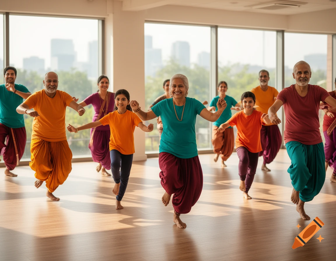 A diverse group of adults and children joyfully perform an Indian rhythmic dance in a bright studio with large windows.