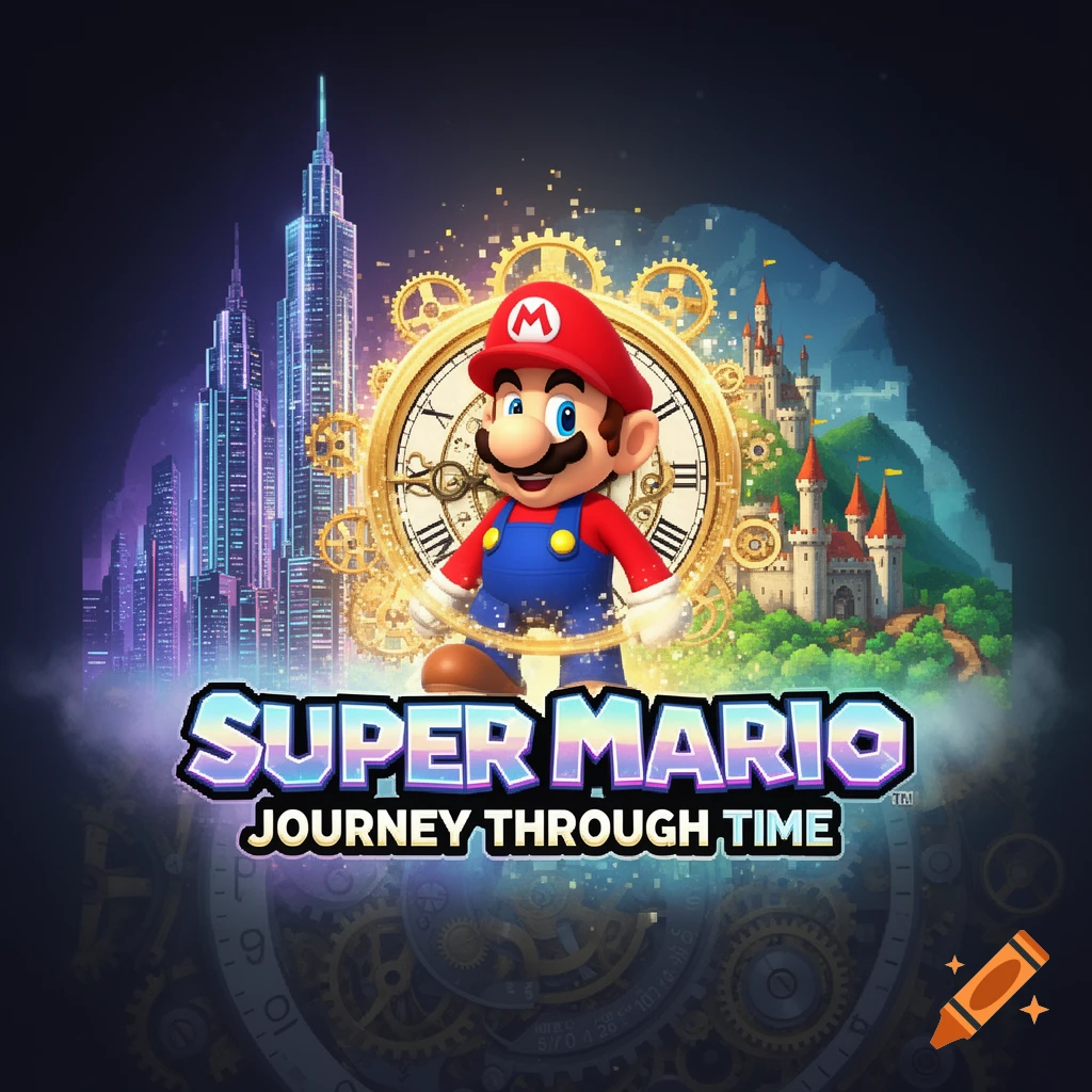 Super Mario logo featuring Mario on a gold clock, with a futuristic city and fantasy castle backdrop, reading 'Super Mario Journey Through Time'.