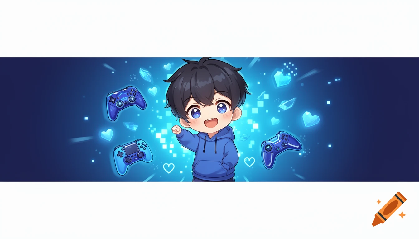Cheerful chibi anime boy in a blue hoodie, surrounded by blue gaming controllers and glowing hearts on a digital blue banner.