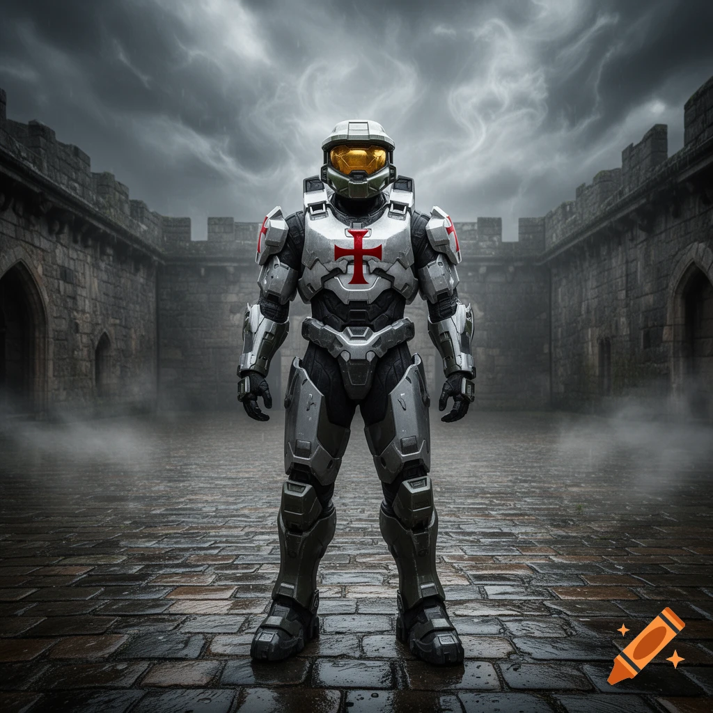 Photorealistic Master Chief-style soldier in silver Templar armor with a red cross stands in a stone castle courtyard under a stormy sky.