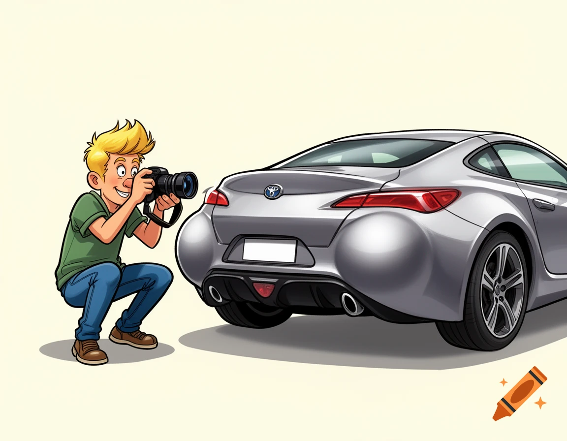 A cartoon man crouches to photograph the rear of a silver sports car, which is comically shaped like human buttocks.