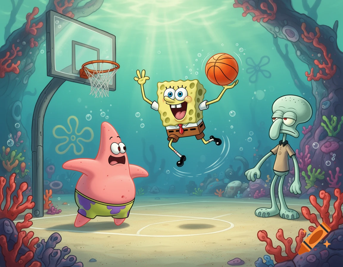 Spongebob playing basketball underwater with surprised Patrick and bored Squidward, cartoon style.