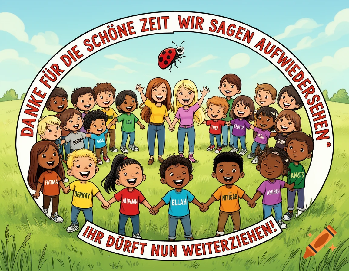 Cartoon illustration of a diverse group of children holding hands in a circle, with two adult women in the center. A ladybug hovers above them. German text arcs around the group, saying "Thank you for the beautiful time, we say goodbye, you may now move on!"