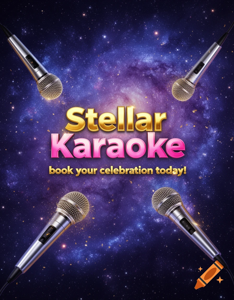 Four microphones are angled on a purple and blue galaxy background with golden text "Stellar Karaoke" and "book your celebration today!"