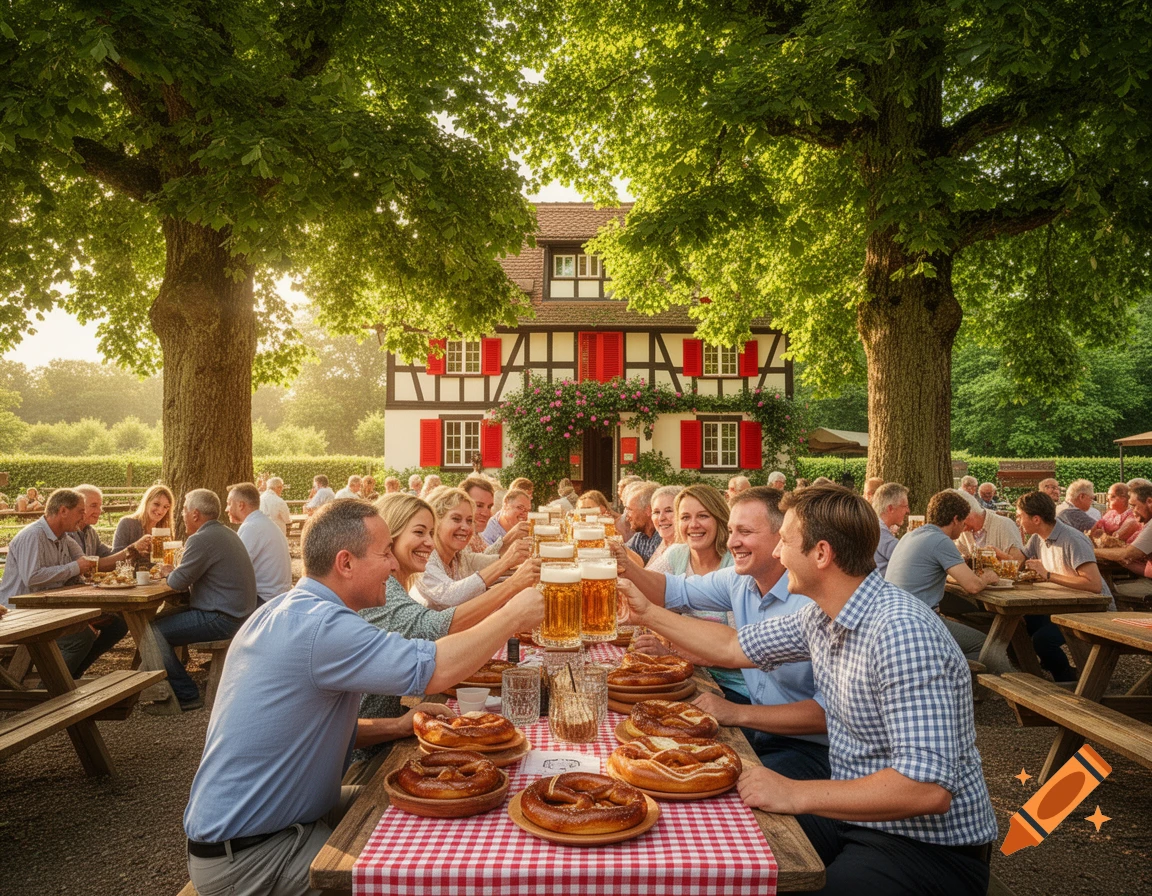 People cheer with beer mugs at long tables in a sunny outdoor beer garden with pretzels, a half-timbered house, and lush trees.