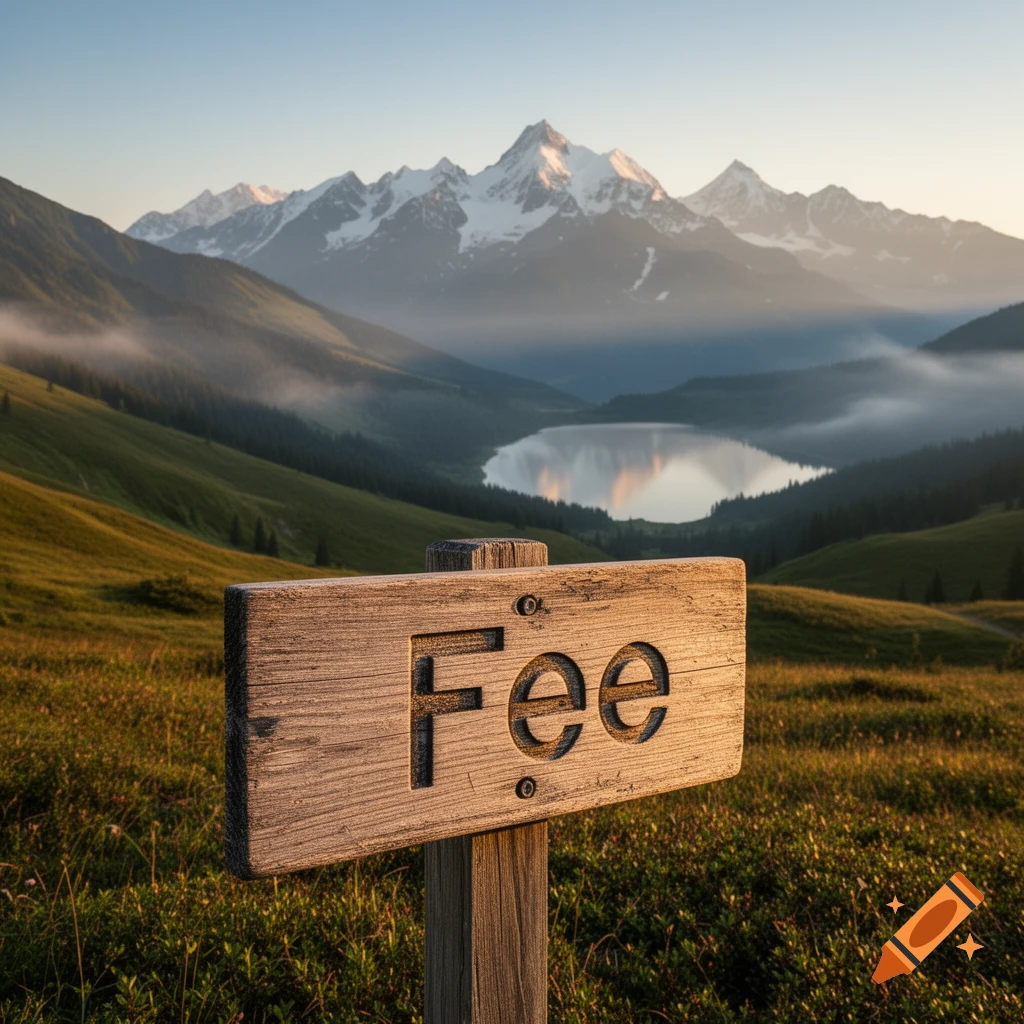 Wooden sign with 'Fee' carved into it, overlooking a serene mountain lake and snow-capped peaks at sunrise.