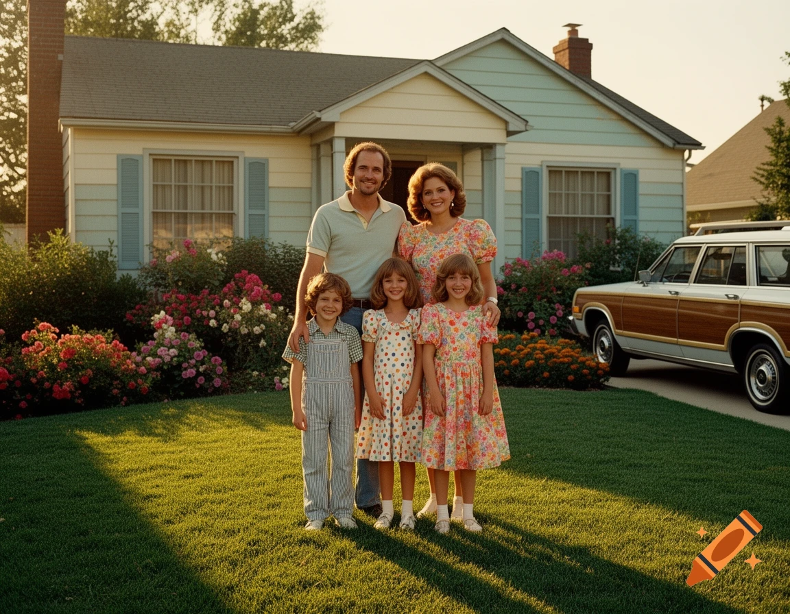 A 1980s family poses on a sunny lawn in front of their suburban home, with a wood-paneled station wagon nearby. Photorealistic.