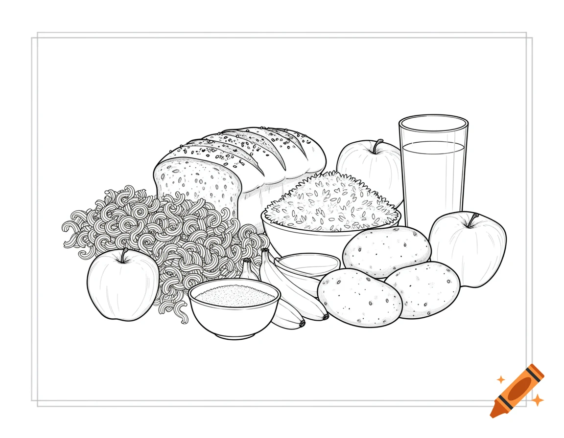Black and white line drawing of various carbohydrate foods including bread, pasta, rice, potatoes, apples, bananas, sugar, and juice.