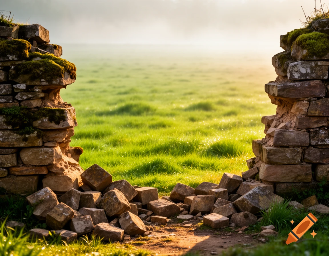 A close-up view of a collapsed stone wall with rubble, looking out onto a vibrant green meadow with soft morning mist.