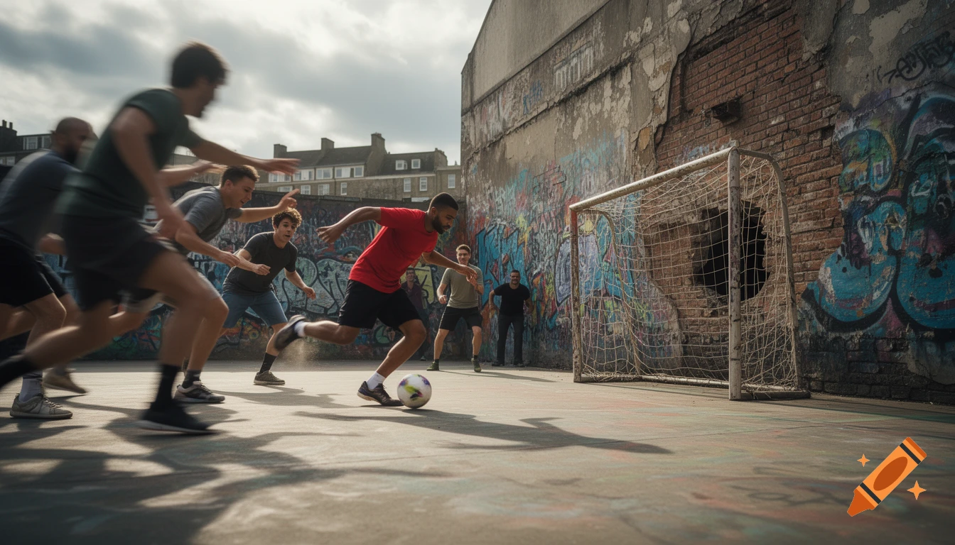 Men play soccer on a concrete street court, a player in red dribbling towards a goal next to a graffiti wall, sunny urban scene.