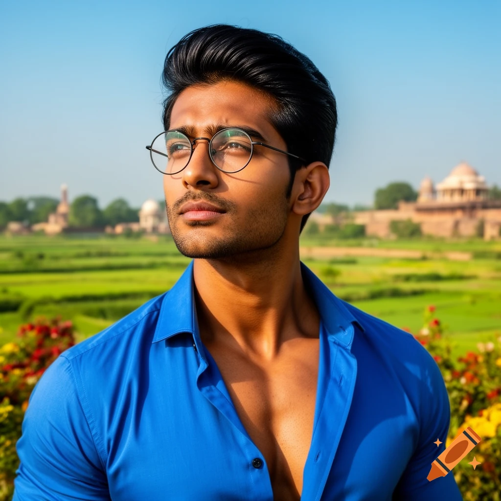 Handsome Indian man with black hair and round glasses in an open blue shirt, looking at a green Indian landscape with distant temples under a clear sky.