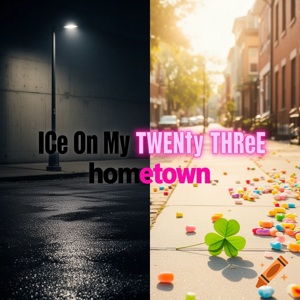 A split image showing a dark, wet street at night with a streetlamp on the left, and a sunny street with candies and a clover on the right. Text reads "ICe On My TWENty THRee hometown".