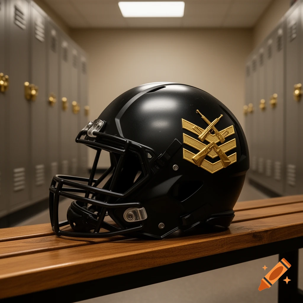 Black football helmet with a gold gunnery sergeant insignia on a wooden bench in a locker room.