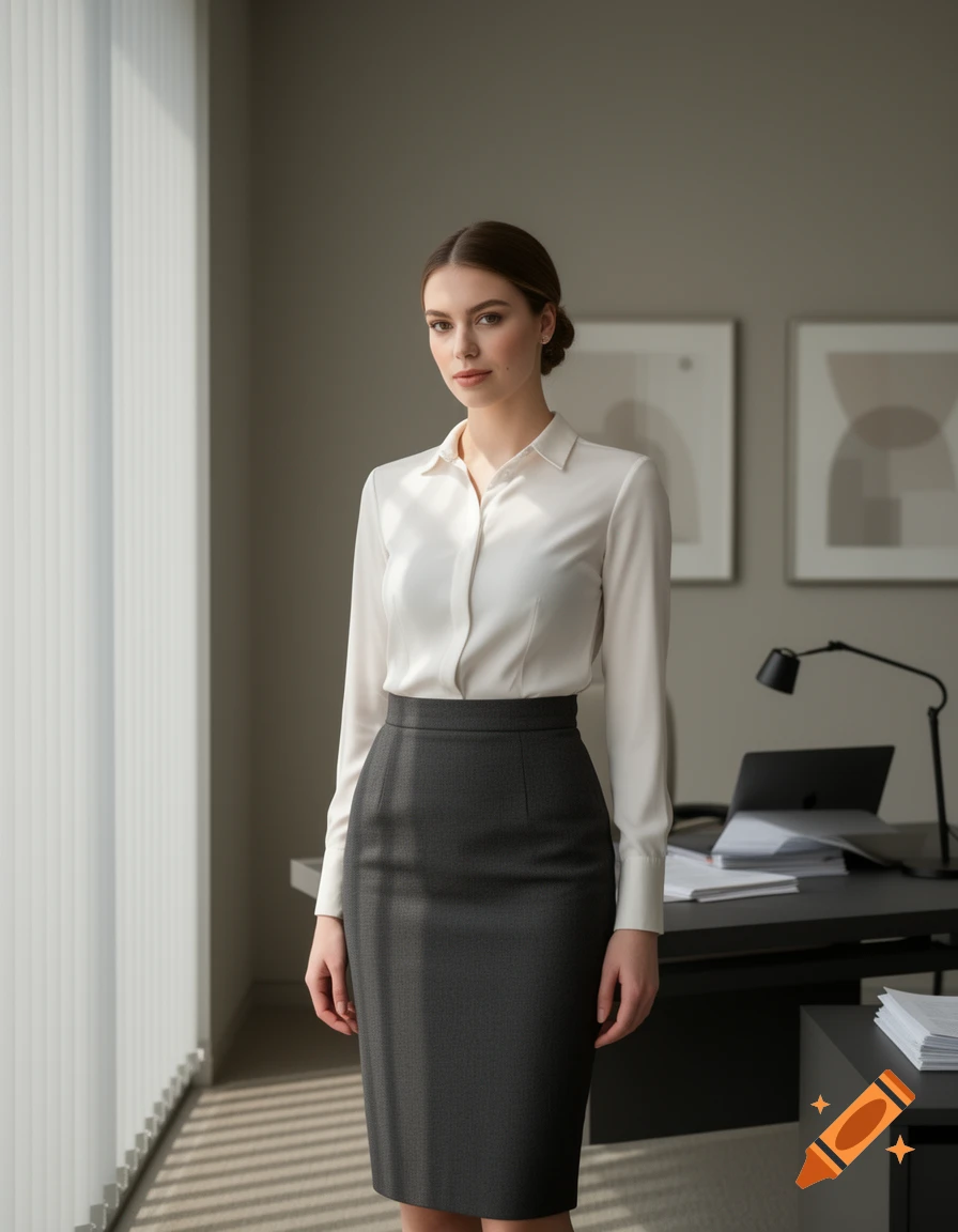 Photorealistic portrait of a young woman in a white blouse and gray pencil skirt, standing in a modern office.