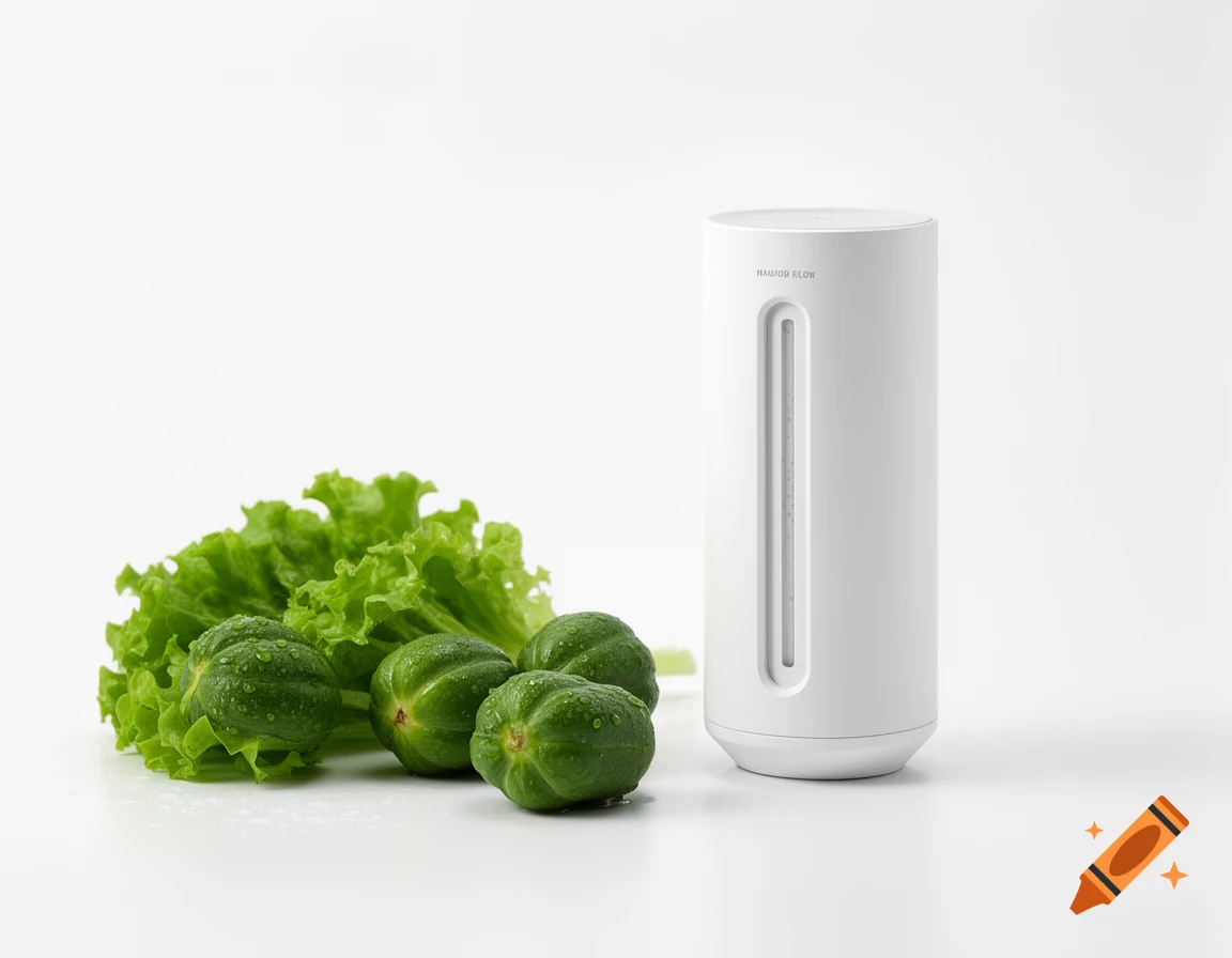 White cylindrical water purification device, fresh green lettuce, and three green squash with water droplets on a white background.