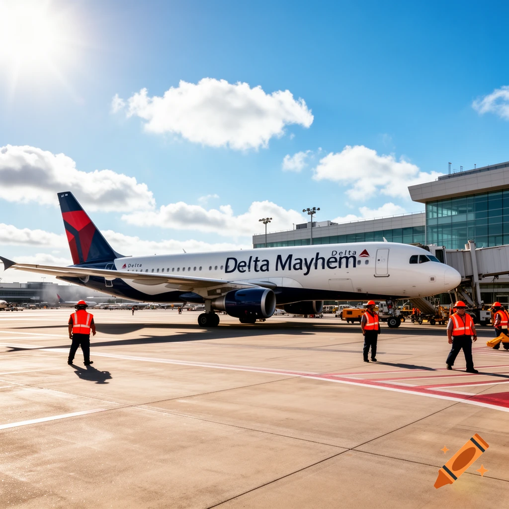 A Delta airplane with 'Delta Mayhem' on its fuselage at a sunny airport, surrounded by ground crew.