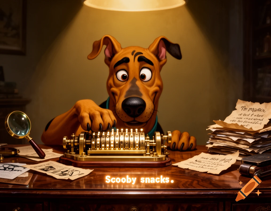 Scooby-Doo leans over a desk with a Morse code machine, papers with illegible text, and a magnifying glass, with "Scooby snacks ." text at the bottom.