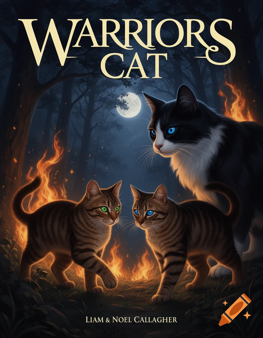 Book cover for 'Warriors Cat' featuring two tabby cats with green and blue eyes, representing Liam and Noel Gallagher, facing a large black and white cat in a dark, fiery forest under a full moon.