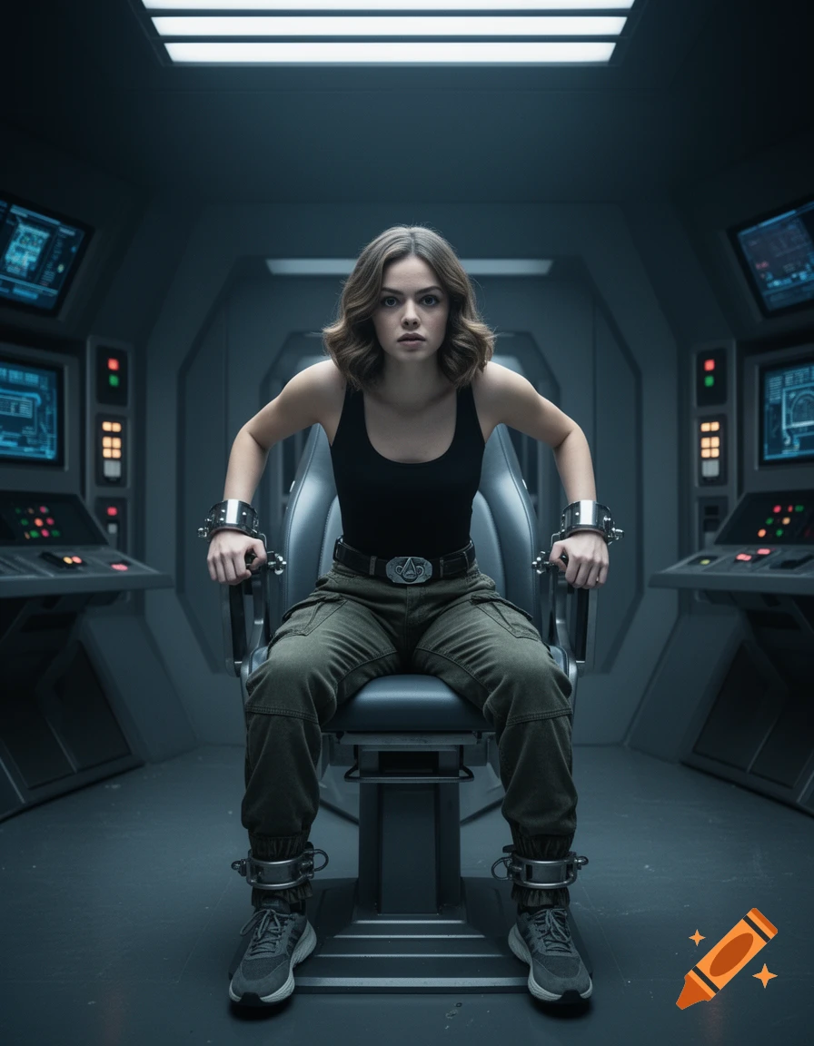 A tense young woman in a black tank top and cargo pants is restrained in a futuristic interrogation chair, looking directly forward in a photorealistic style.