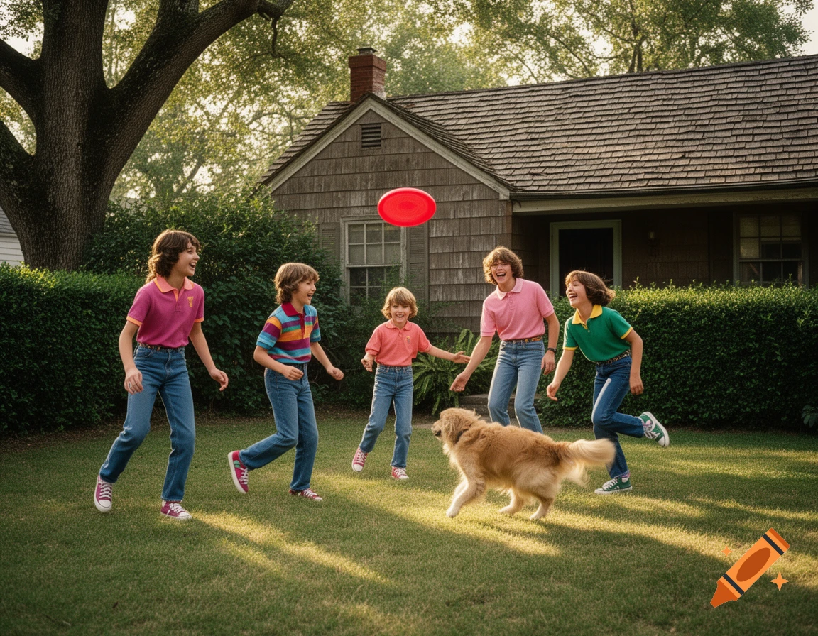 Five smiling children and a golden retriever playing frisbee in a sunny 80s backyard with a house.