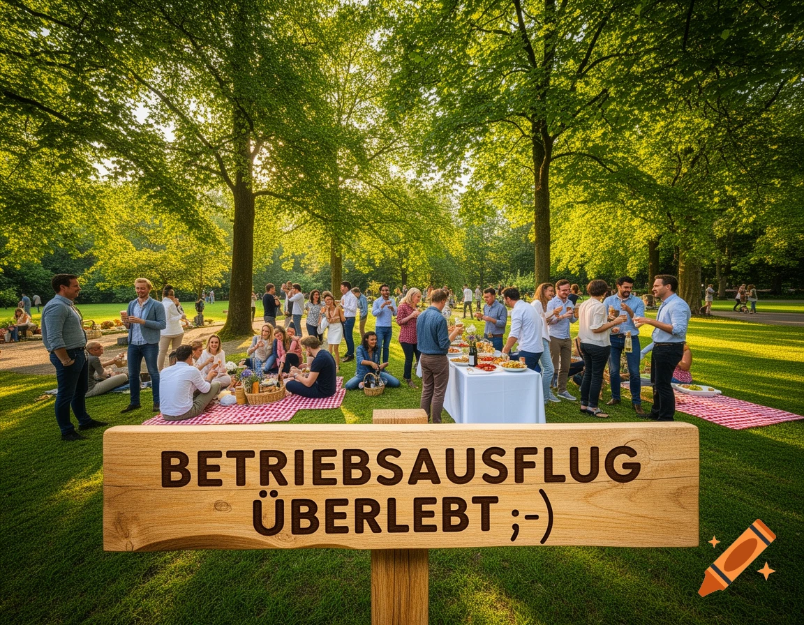 A large group of people enjoy a company picnic in a sunny park, with a wooden sign reading 'Betriebsausflug überlebt ;)'. Photorealistic.