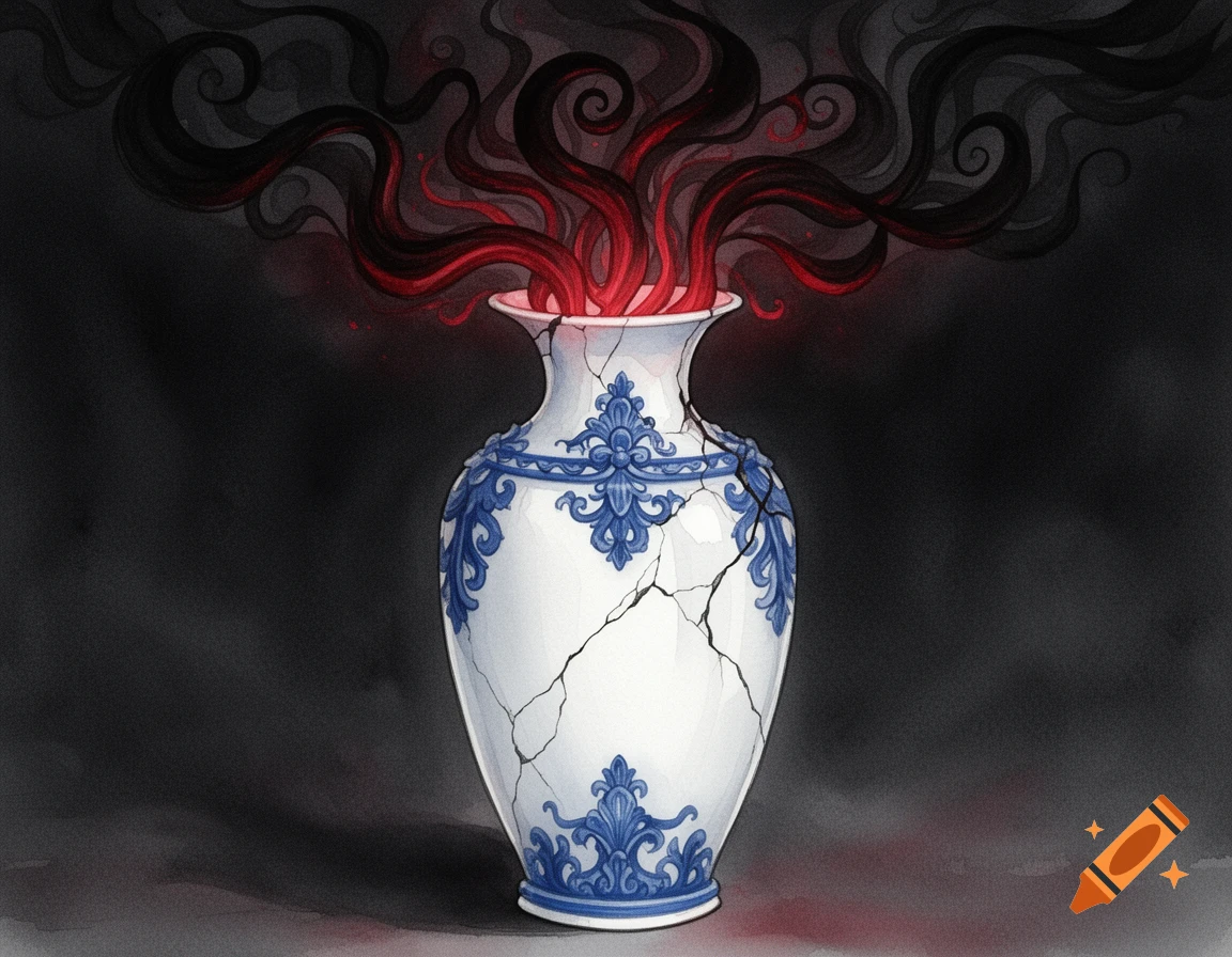 Watercolor of a cracked white vase with blue patterns, emanating red and black smoky tendrils from its top and fissures against a dark background.