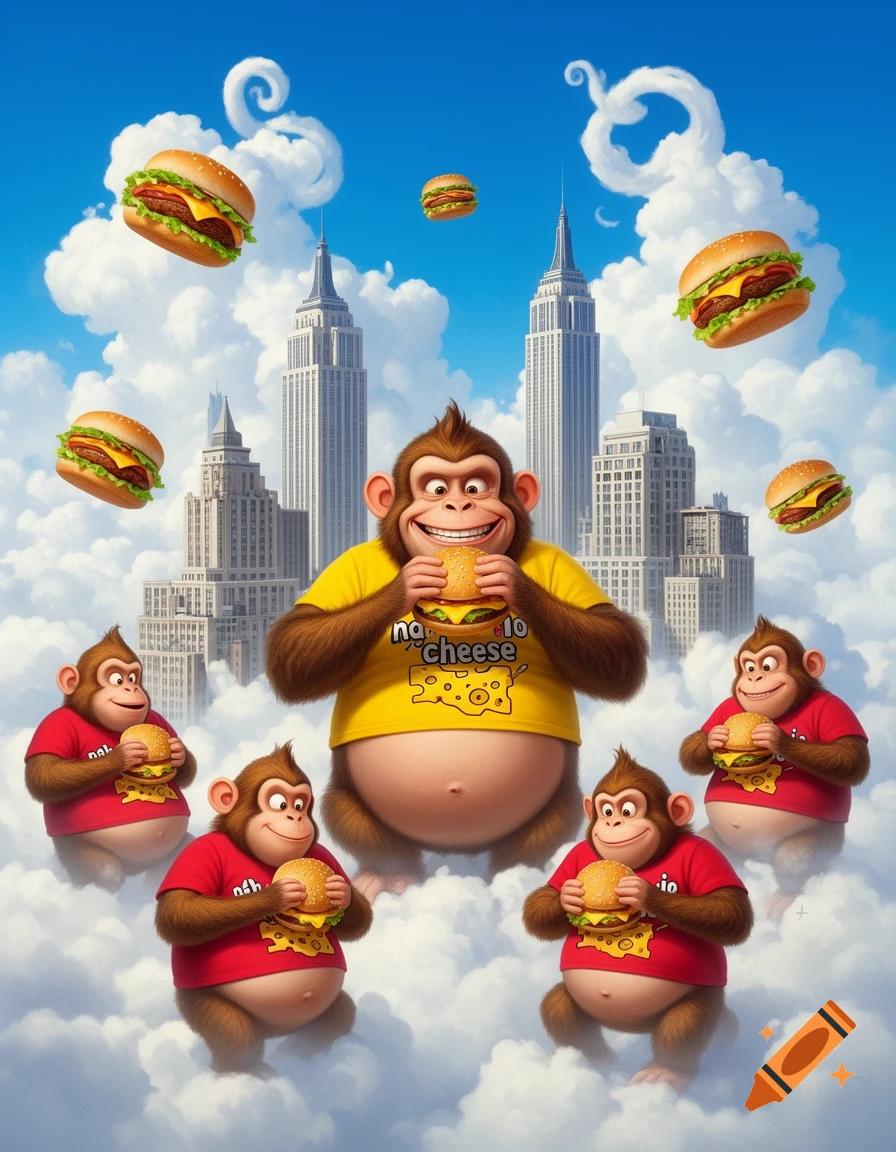 A large cartoon monkey on a cloud, wearing a yellow shirt with garbled text and a cheese graphic, holds a cheeseburger. Smaller monkeys in red shirts also float on clouds, holding burgers. Skyscrapers and floating cheeseburgers fill the background against a blue sky with white clouds.